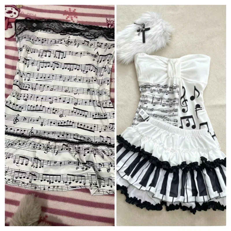 Summer Street Two Piece Outfits Women Piano Print Sleeveless Crop Vest Y2K Mini Skirt American Vintage Japanese Subculture Wear