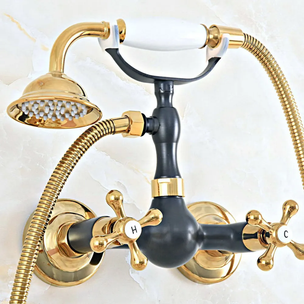 

Black Oil Rubbed & Polished Gold Brass Wall Mounted Bathtub Faucet with Handheld Shower Set +150CM Hose Mixer Tap 2na455