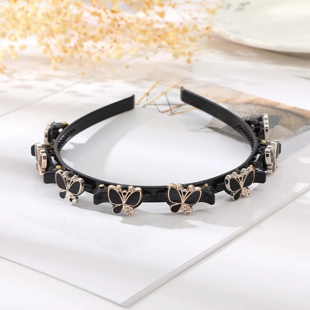 

Elegant Hair Bands with Clips Sweet French Style Rhinestone Bangs Clip Headband Shiny Plastic Women Butterfly Hair Hoop Daily