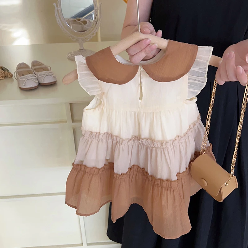 1-8T Summer Girls Dress Flying Sleeve Bow Loose Casual Dresses Sleeveless Splicing Tulle Dresses Children Princess Cake Vestidos