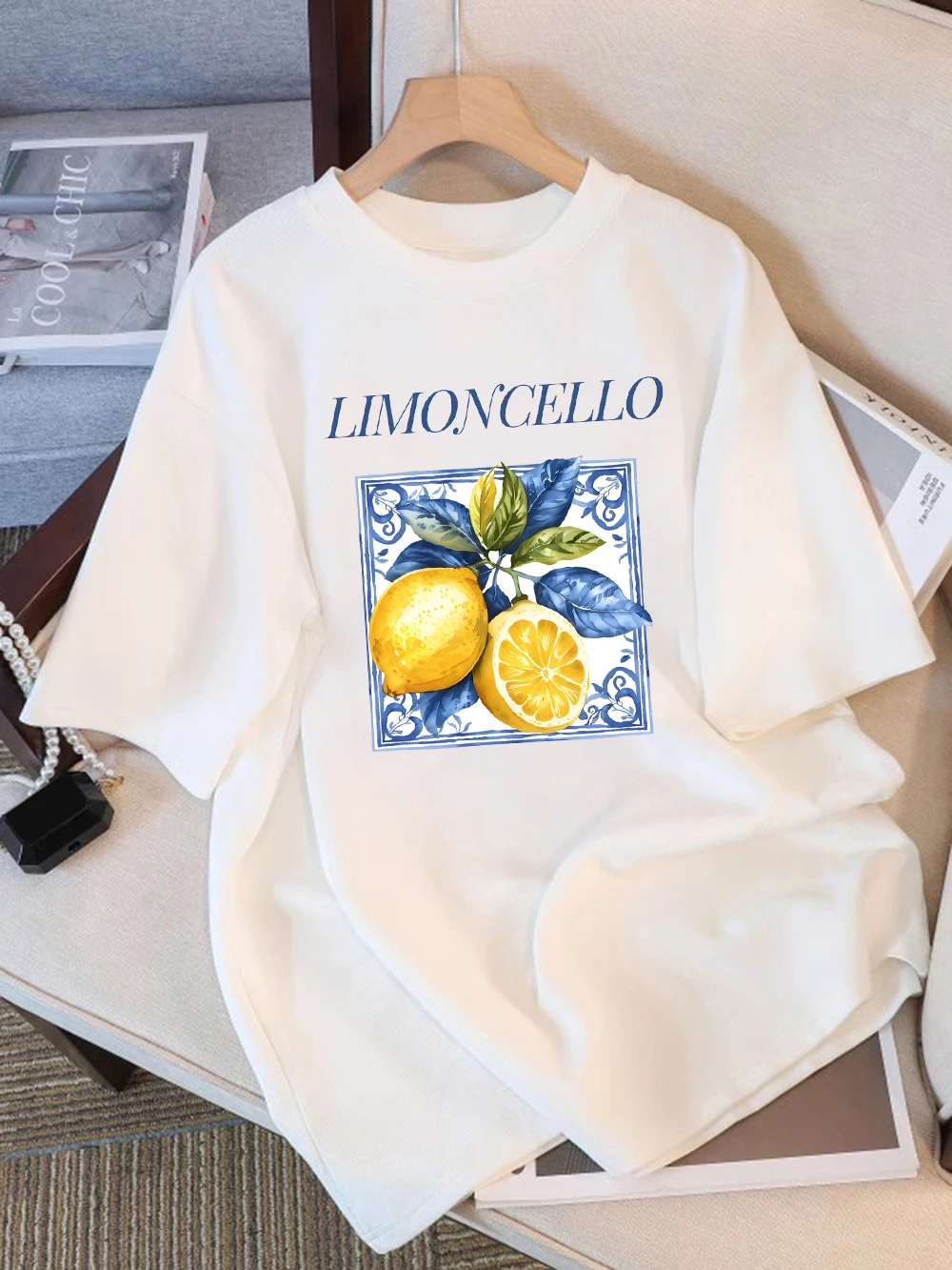 Summer T-Shirts Cotton Womens Lemon Cello Creative Fruits Printing Short Sleeve Comfortable Soft O-Neck Tops Basic Woman Clothes