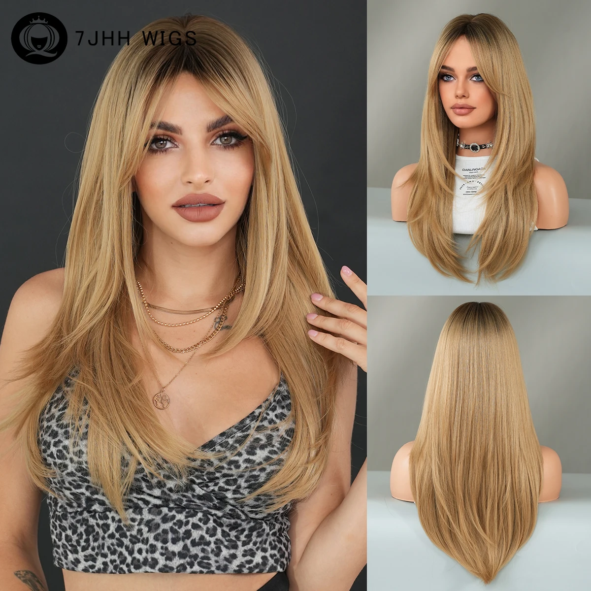 Long Straight Honey Blonde Wig for Women Modest Fashion Middle Part Wigs with Dark Roots High Density Synthetic Fiber Fake Hair