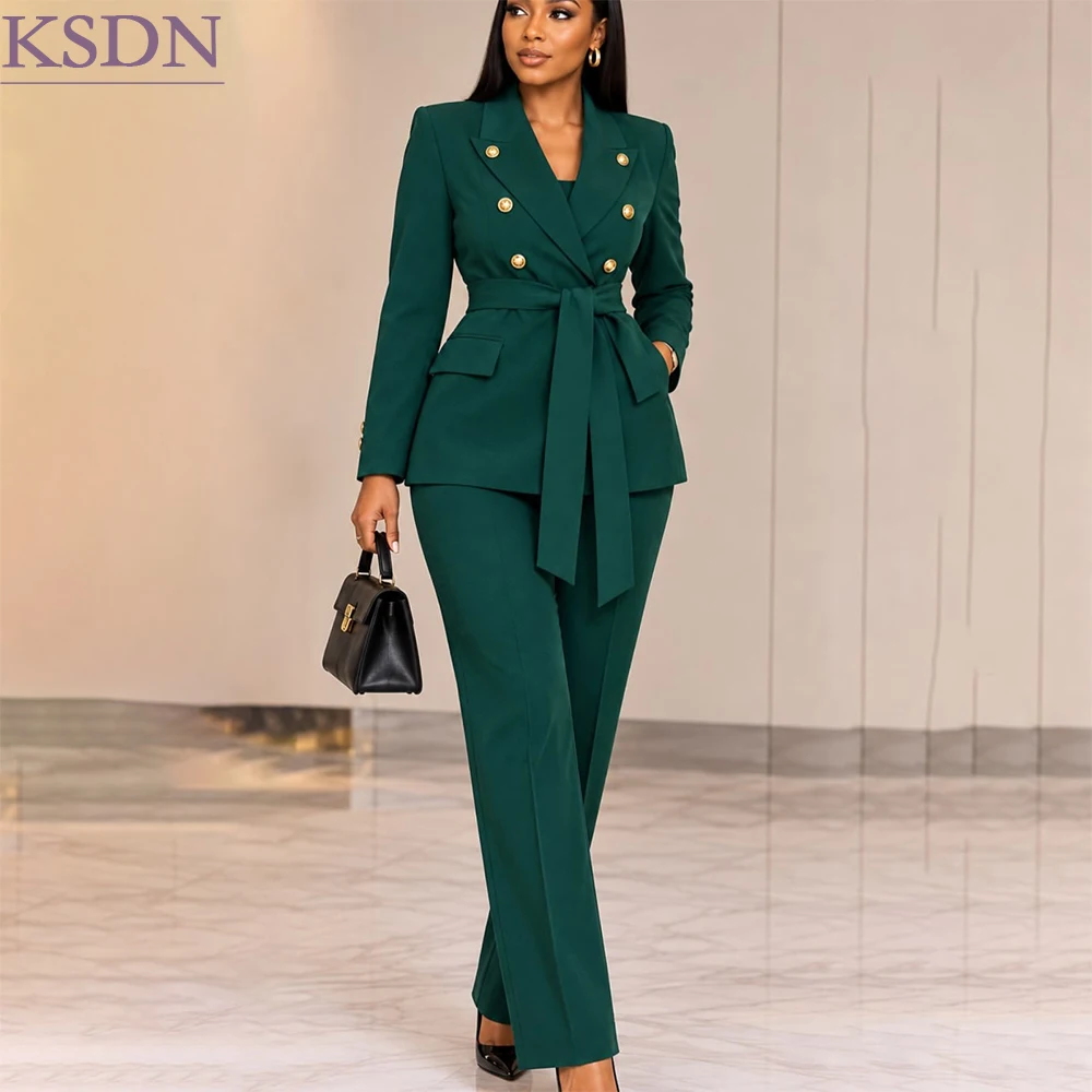 Belted Women Suits Solid Color Double Breasted Outfits Business Modern 2 Piece Jacket Pants Office Lady Female Clothing Terno