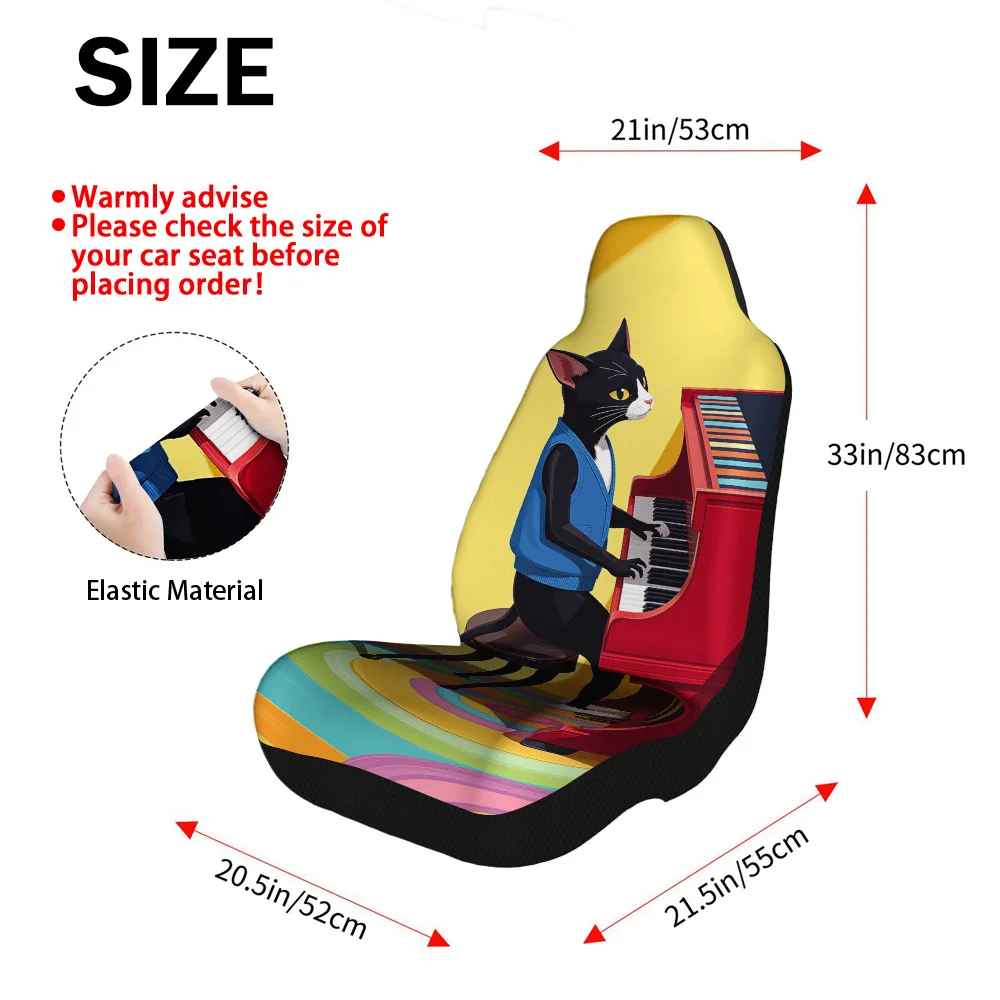 2D Flat Printing, 2pcs Cat Playing Piano Print Car Seat Covers, Washable And Durable, Universal Fit For Front Seats, Ideal For S