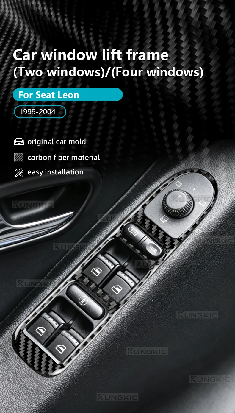 Echter, weicher Carbonfaser-Aufkleber für Seat Leon MK1 1M 1999 2000 2001 2002 2003 2004, Zubehör für die Zierleiste des Fensterheberschalters im Auto – Detail 1