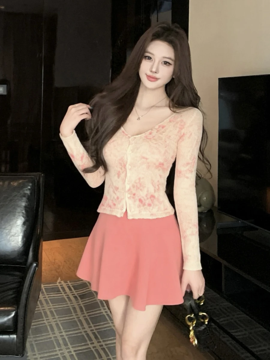 Sweet Pure Desire Girl Style Anti-Aging Knitted Print Long Sleeve Open Cardigan Outerwear High Waist Whitening  Skirt Two...