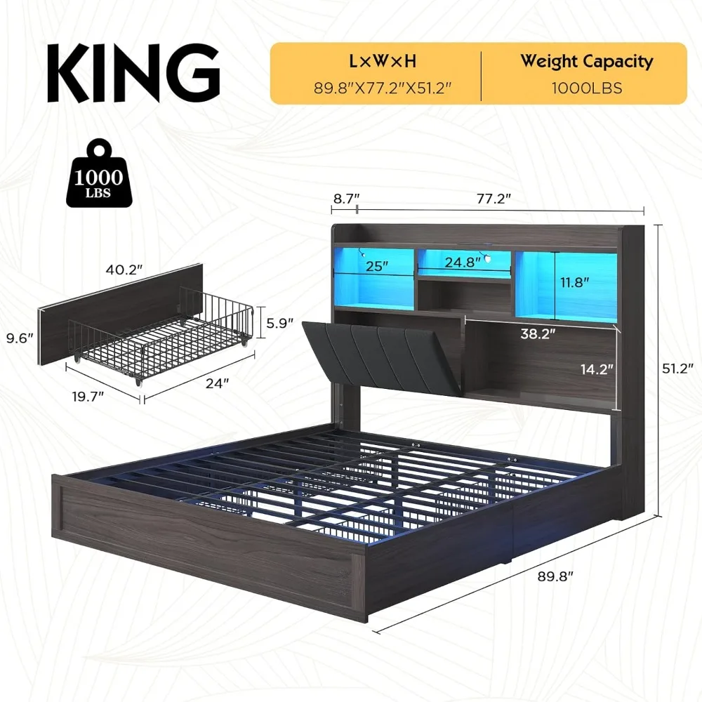 King Farmhouse Bed Frame with Bookcase Headboard and 4 Drawers, LED Storage Bed with Charging Station & Linen Upholstere