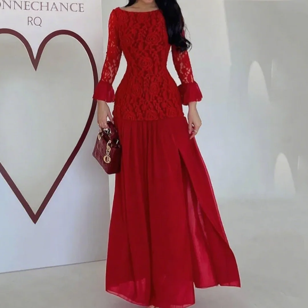 Elegant O Neck Full Sleeves Prom Gowns Arabic Side Slit Formal Evening Dress Red Lace Formal Occasion Dress Customized