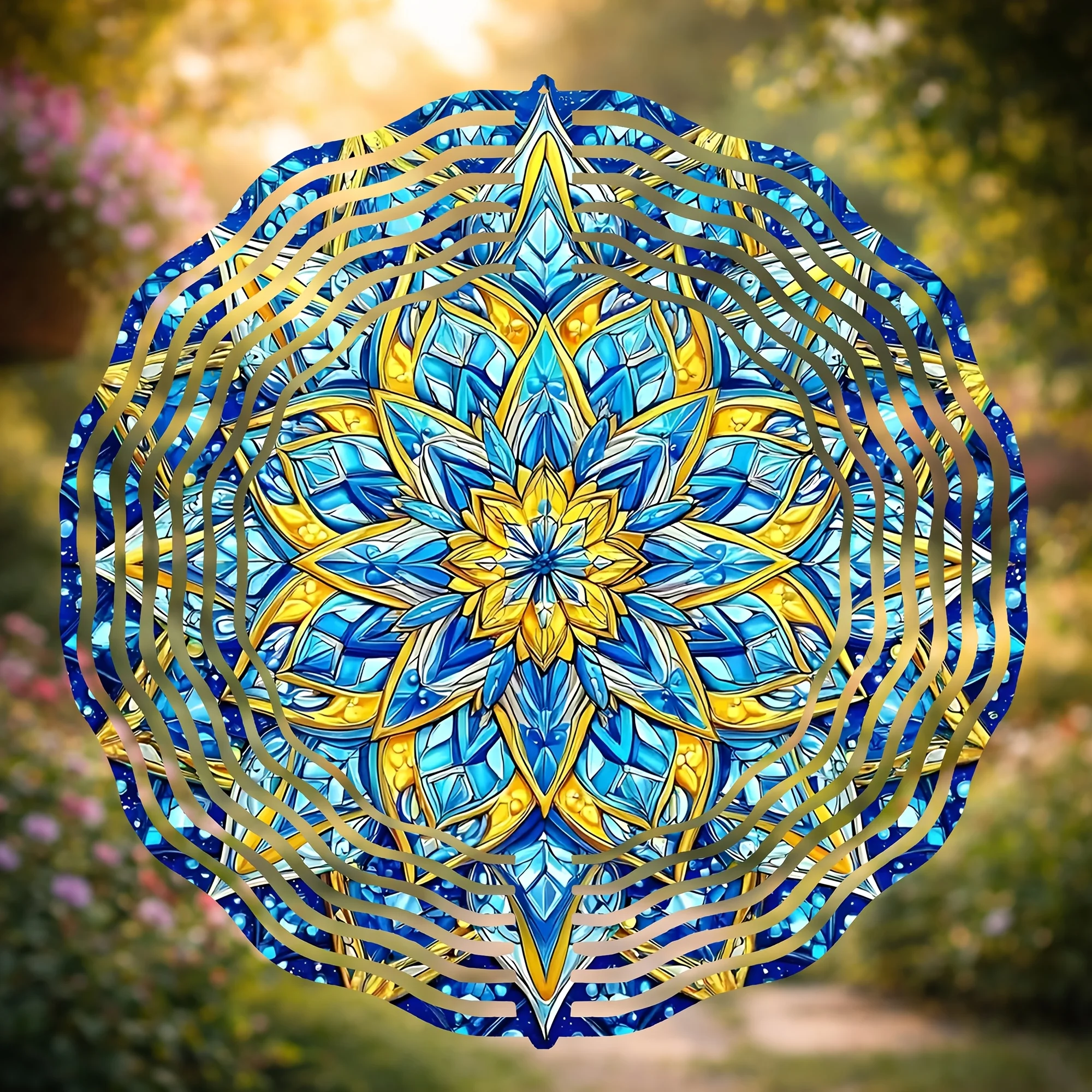 2D Metal Wind Chime, Blue Gold Mandala Geometry, 360° Swivel Hook, Home Garden Patio Balcony Decor, Abstract Outdoor Hanging Orn