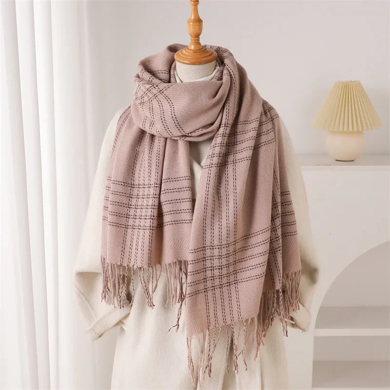 Winter Fringed Warmer Scarf for Women Scottish Style Tassel Pashmina Shawl Long Warps Autumn Elegant Ladies Blanket