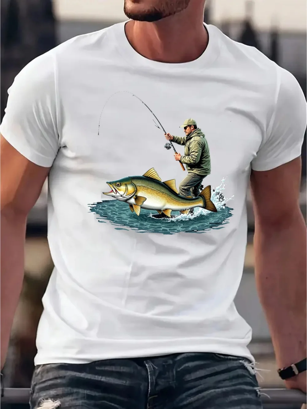 Men's Summer Plus Size Fishing Pattern T-Shirt Jumping Fish and Fisherman Casual Short Sleeve Tee Trendy Street Clothes for Man