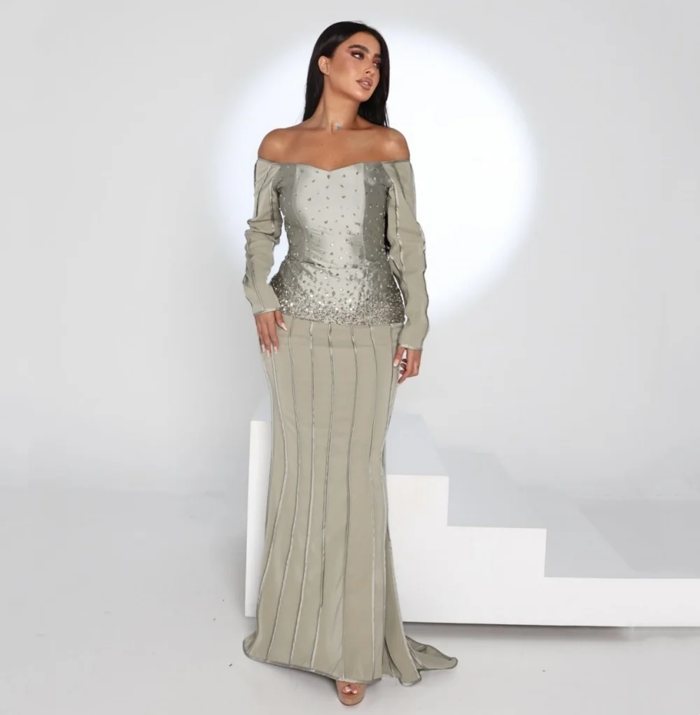 

Изысканные вечерние платья с открытыми плечами, блестящие, плиссированные, для свадебных торжеств, длинные платья-труба, высокое качество