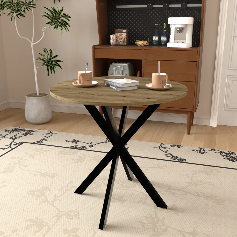 31.5 Inch Round Dining Table, Small Circle Kitchen Table with Metal Black Legs for 2-4 people,Modern Dining Room Table, Brown (o