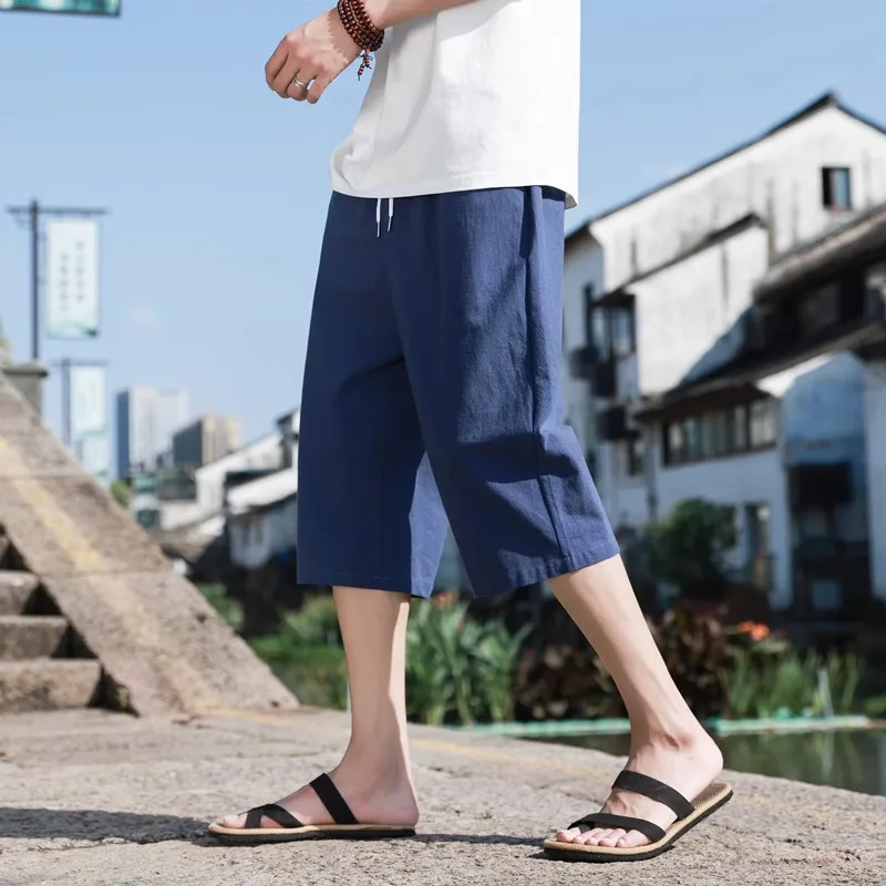 New Linen Short Pants Summer Cotton Solid Color Shorts Large Lightweight Shorts Men Beach Shorts for Men Breathable Sweatpants