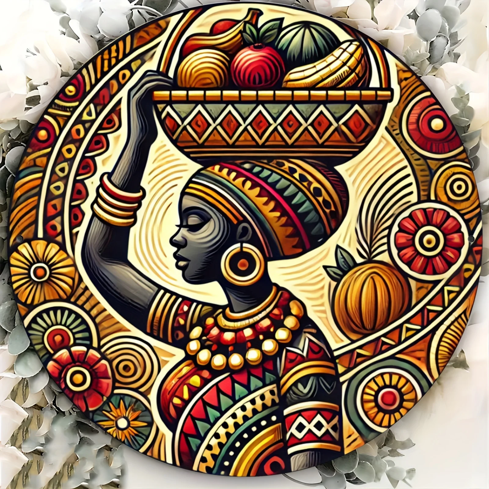 2D-Metallschild – Afrikanische Frau mit Früchten, traditionelle Kunst, 20,3 x 20,3 cm große Metall-Wanddekoration für Zuhause, Küche, Garten