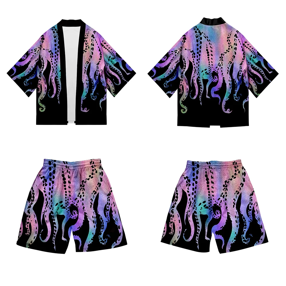 Plus Size New Octopus Print 2022 Summer Loose Japanese Streetwear Cardigan Men Harajuku Kimono Suit Pants Design Shirts Yukata