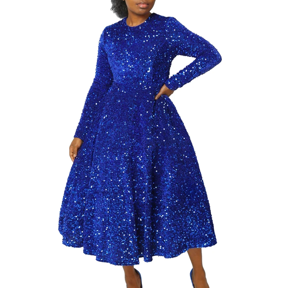 2024 Vintage-Mode Pailletten Frauen Kirche Swing Kleider Lange Hülse O-ansatz Hohe Taille Elegante Glitter Bankett Party Abendkleid – Detail 4