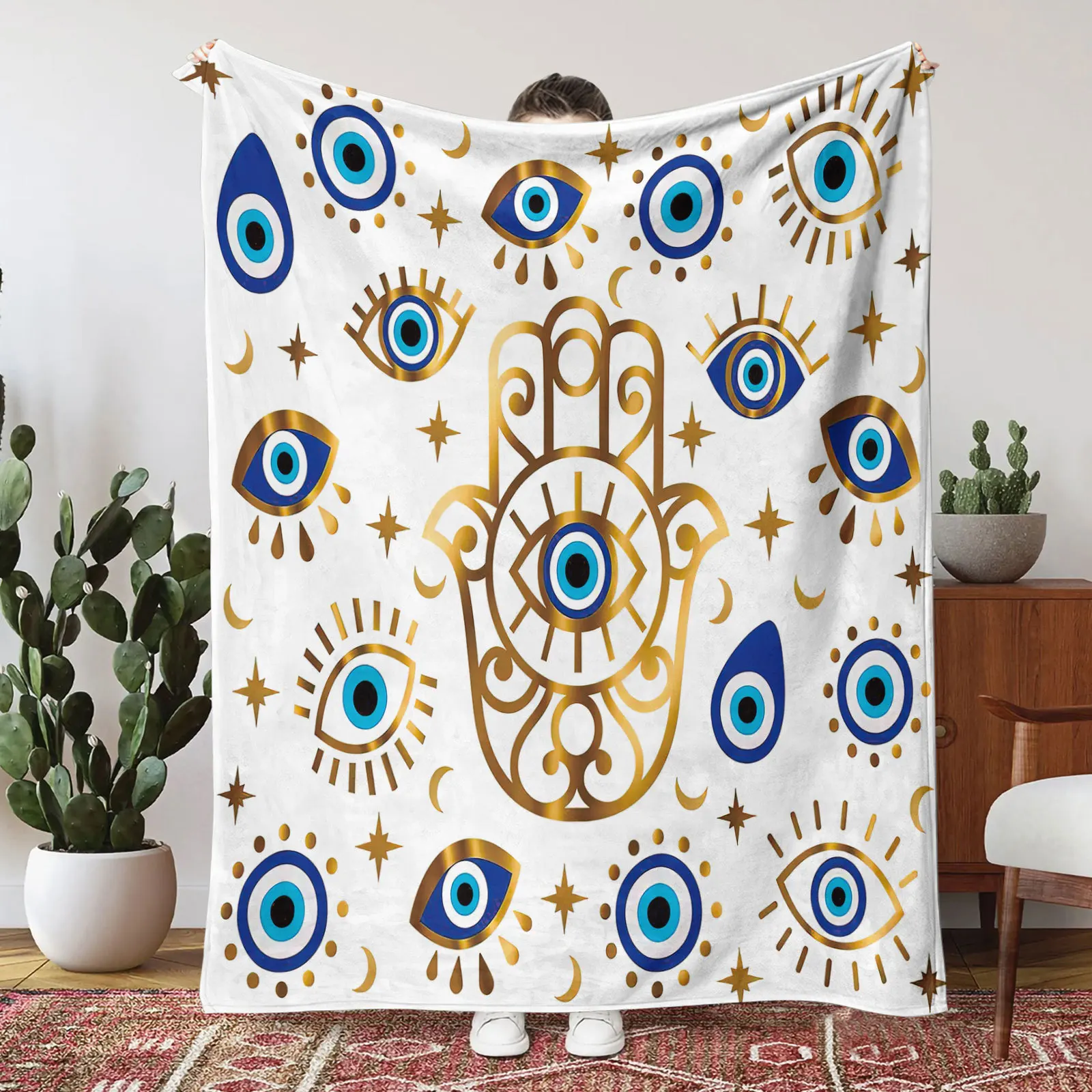 Mystic Evil Eye Blanket Luxury Gold Hamsa Hand Totem Pattern Cozy Throw For Luxury Living Room Sofa Bed Couch Home Decoration
