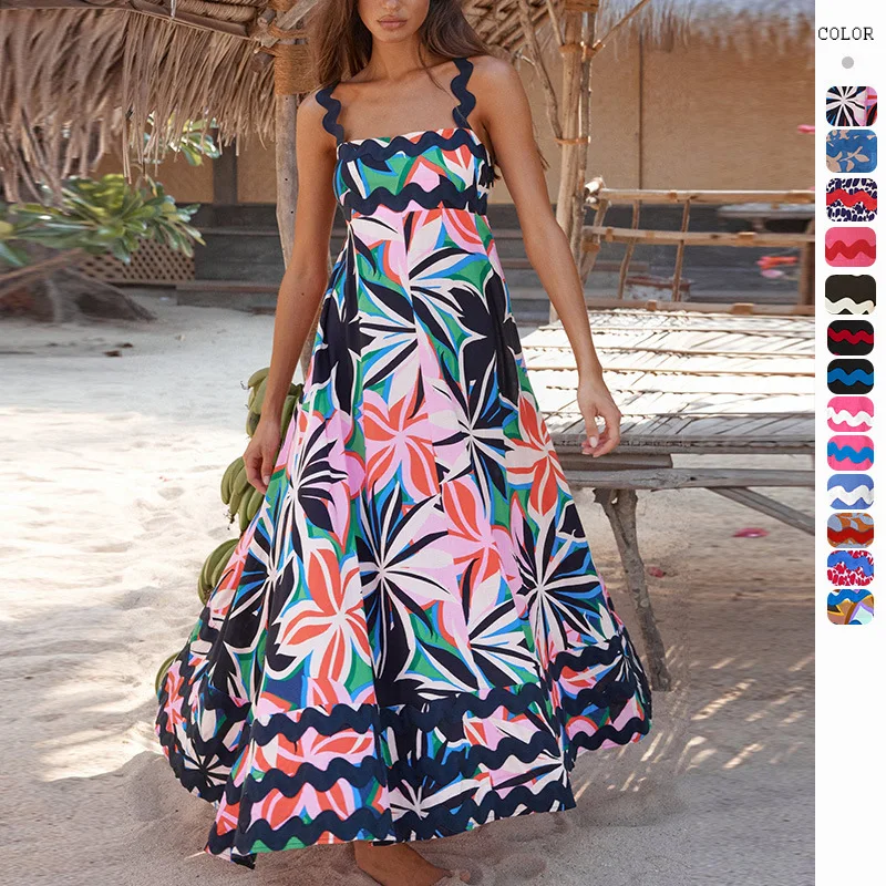 2024 Spring/Summer New Long Dress Ladies High-end Fashion Beach Dress Off-shoulder Hollow Design Printed Long Dress Translation