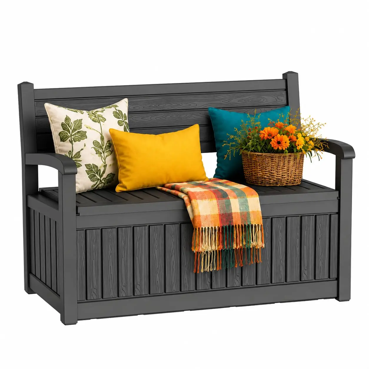 Outdoor Bench, Waterproof Garden Storage Bench, 100 Gallon Deck Box | Lockable Resin Bench Seating Weatherproof