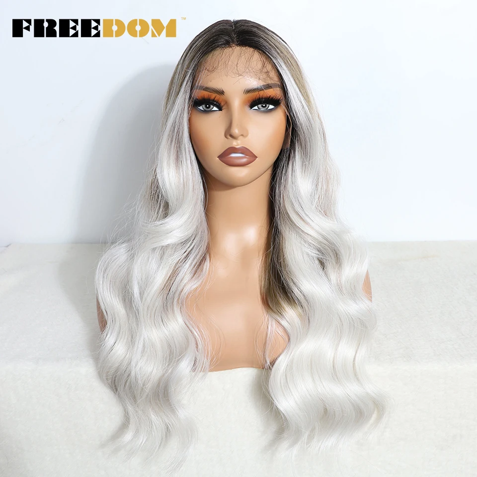 FREEDOM-Peluca de cabello sintético con malla frontal para mujer, cabellera de 22 pulgadas con ondas naturales, ombré, marrón, Rubio, rojo vino, blanco, Cosplay