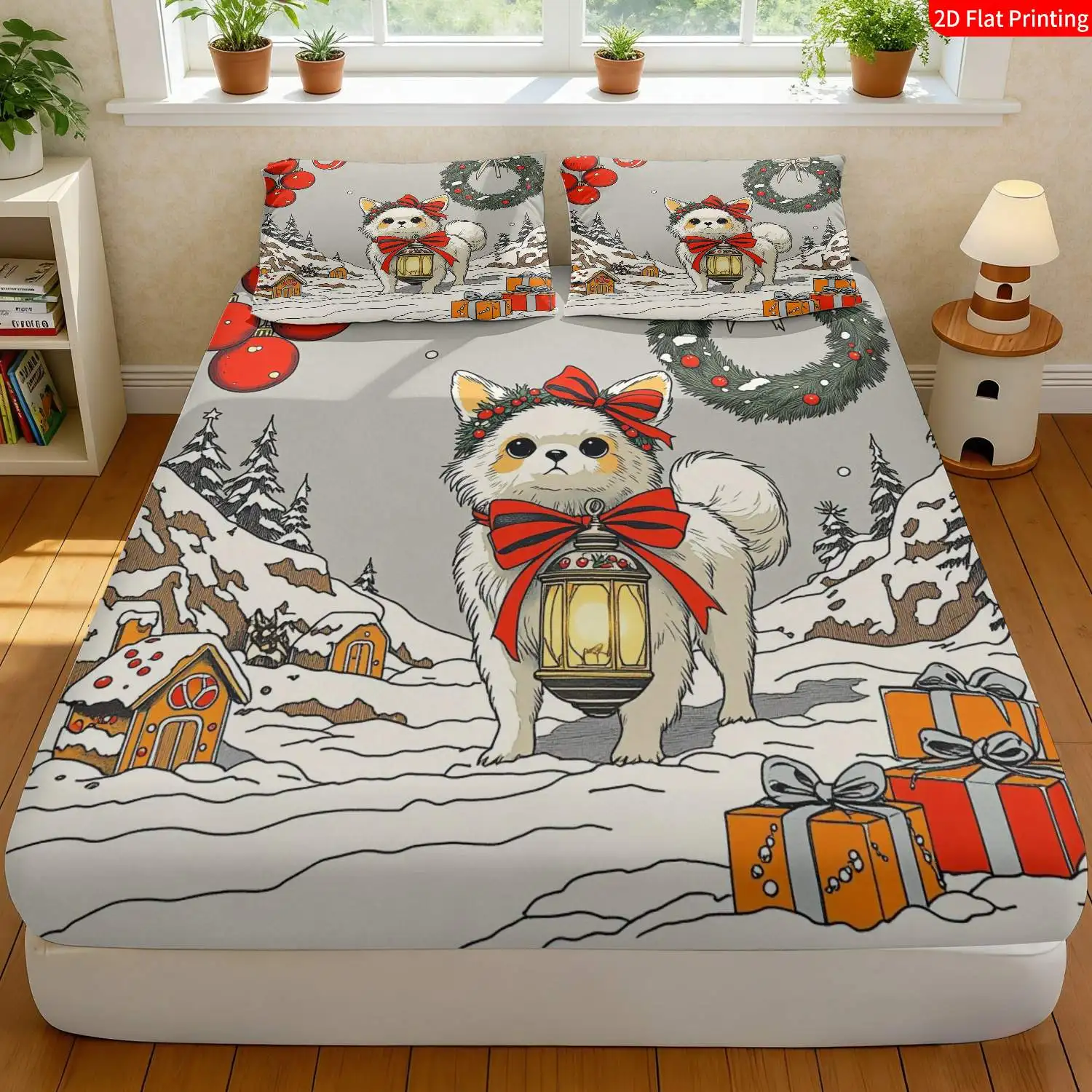 Christmas 2D Digital Print Three-Piece Bedding Set (includes 1 fitted sheet + 2 pillowcases) Mattress Protector, Fitted Sheet Style with Elastic, Protective Cover, Mattress Protector, Fitted Sheet Style Bedding, Christmas-Themed Bedding, Red and White Color Scheme, Cute Chihuahua Wearing a Garland and Holding a Lantern