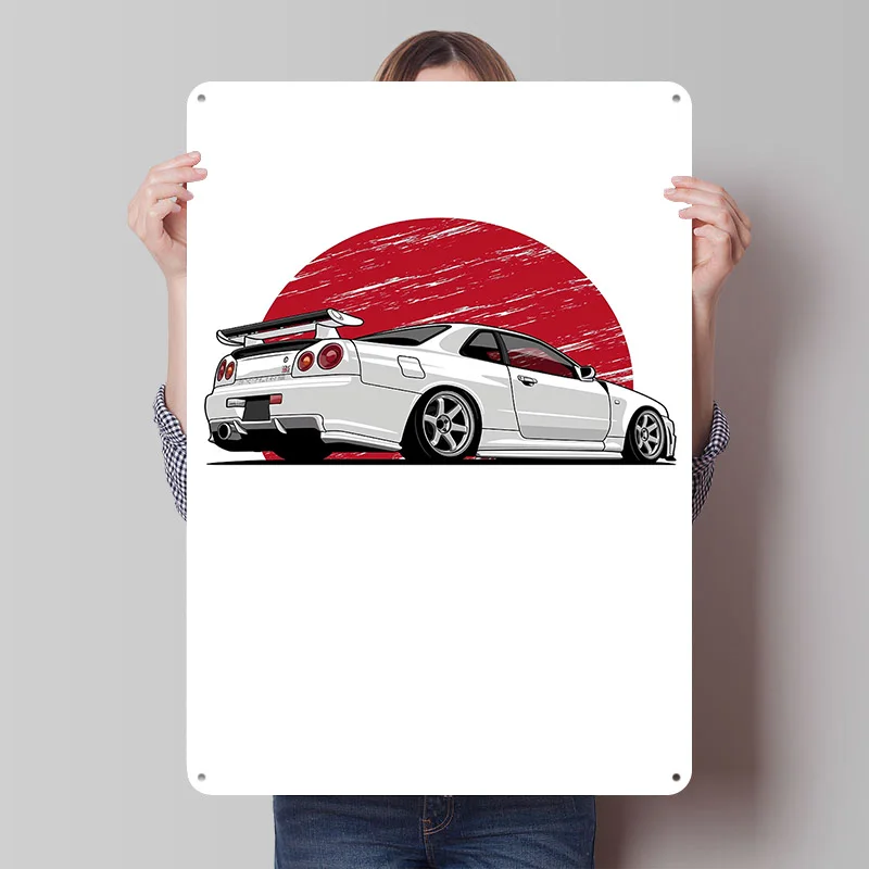 White Sports Skyline With Red Sun Car Tin Plaque Poster Customized Wall Art Retro Vintage Metal Signs for Room Office Decor Home