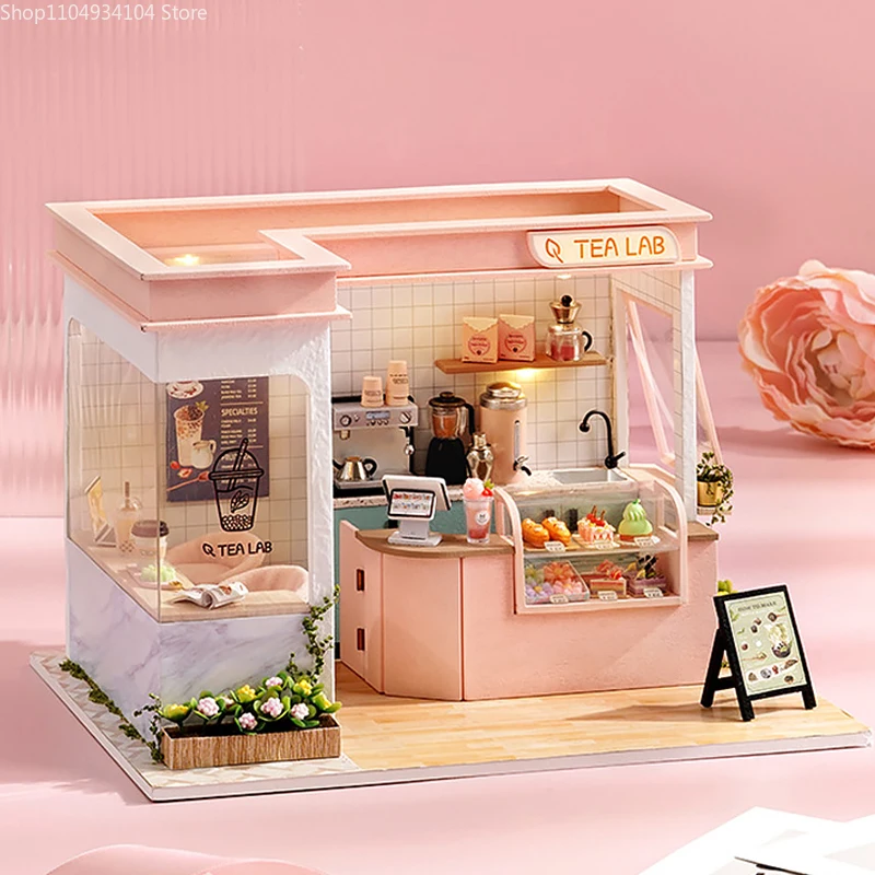 

Milk Tea Shop Miniature Doll House Mini DIY Kit For 3D Wooden Assembly Puzzle Building Dollhouse Toys For Kids Birthday Gifts