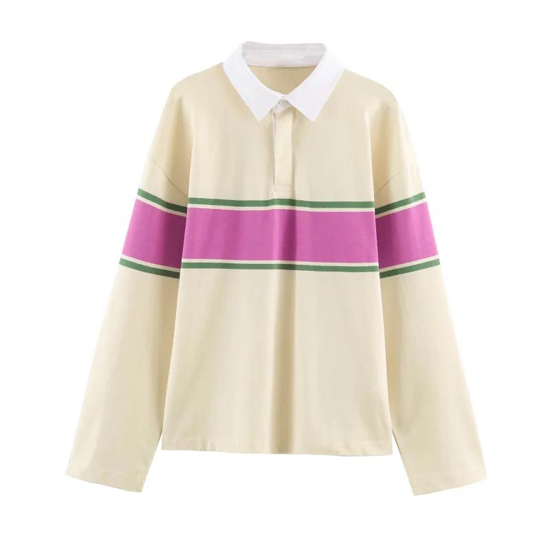 Damen Colorblock Gestreiftes Poloshirt Weiß Kontrastkragen Halbe Knopfleiste Langarm Locker Sitzend Lässiger Pullover T-Shirt Oberteil – Detail 9