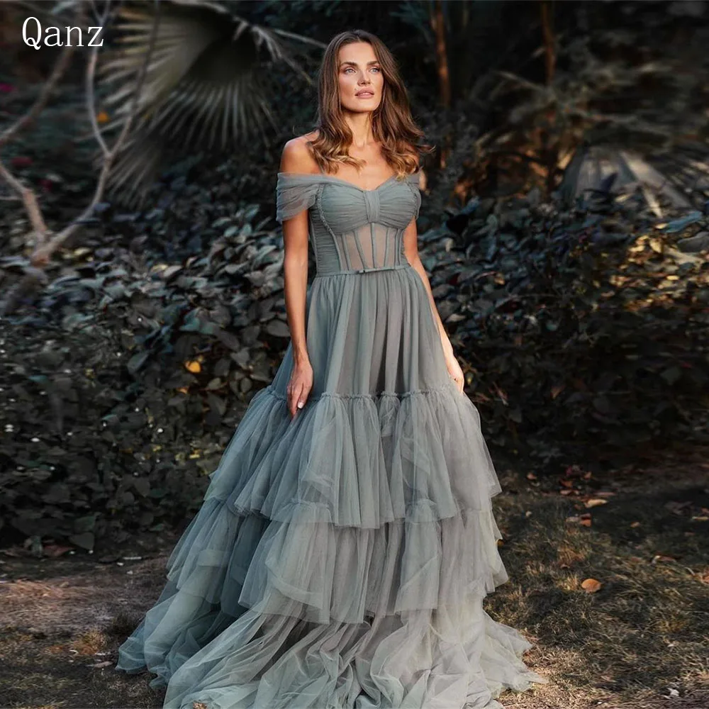 

Qanz Elegant Tulle Prom Dresses Long A Line Off The Shoulder Evening Dresses Frill-Layered Formal Occasion Dresses For Women