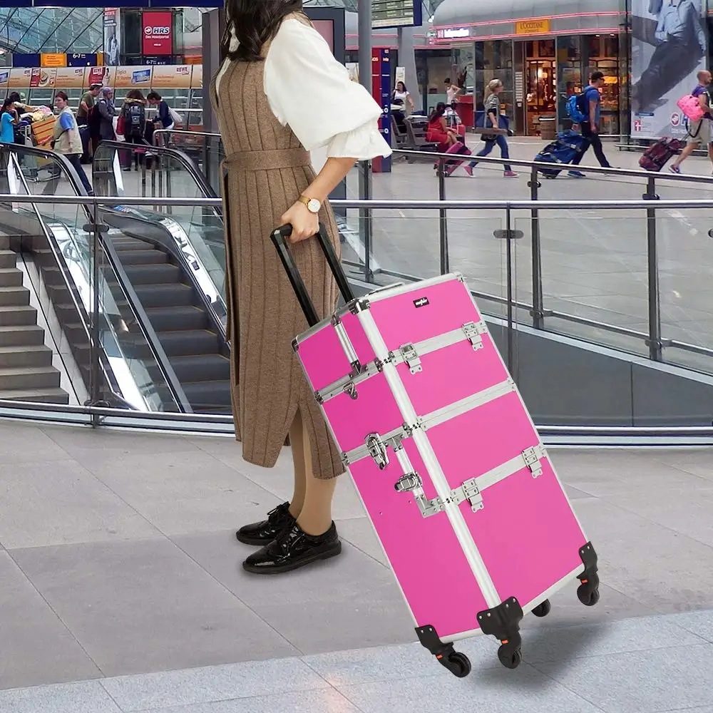 3-in-1 Rolling Makeup Train Case with Removable 360° Wheels, Aluminum Frame, Lockable Compartments, Telescopic Handle, Shoulder Strap, Foldable Trays and Organizer for Artists and Salon Travel