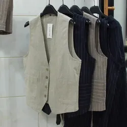 Male Clothing Leisure Suits S- 5Xl 6Xl Summer Linen Vest Thin Vest Men Casual Sleeveless Jacket Stripe Waistcoat