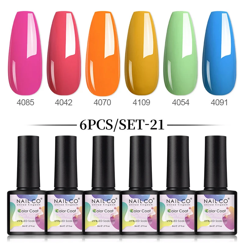 Nailco 6 Stks/set Kleur Gel Nagellak 8Ml Nagelgel Semi-Permanente Gellak Uv Vernis Weken Van Led Nagels Art Lak Basislaag