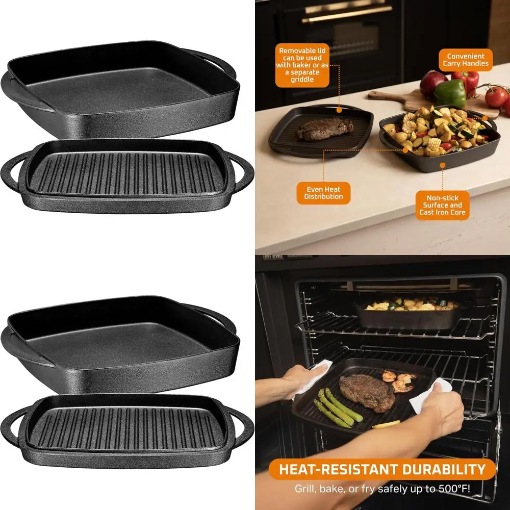 

Чугунная жаровня (голландская печь) 11 дюймов с крышкой-гриль и ручками - предварительно пропитанная, с антипригарным покрытием для тушения, гриля и жарки - для использования в духовке и на открытом огне