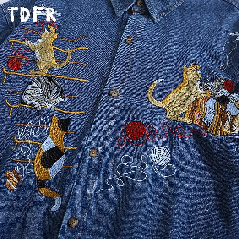 Cat Embroidery Denim Long Sleeve Shirts Mens Retro Streetwear Autumn Single Breasted Lapel Loose Shirts Men