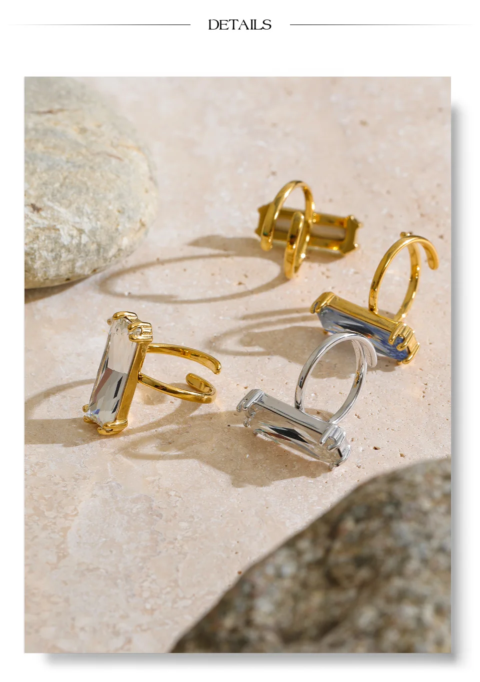 Yhpup Neuer Weiß-Grün-Blauer Rechteckiger Zirkonia Verstellbarer Ring, Eleganter Beliebter Zarter Goldfarbener Fingerschmuck – Detail 10