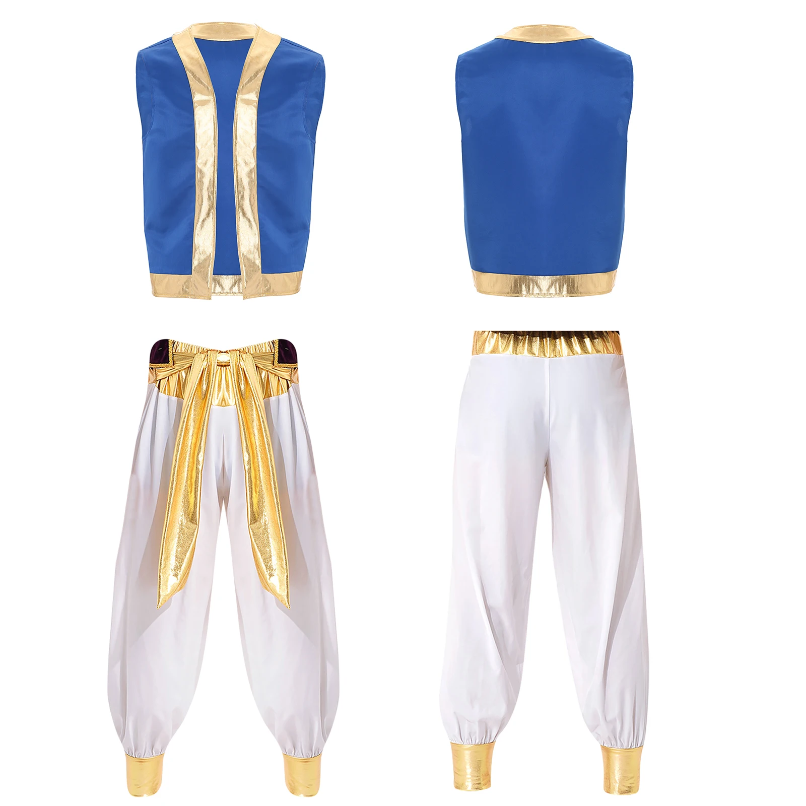 

Mens Persian Arabian Halloween Role Play Outfit Metallic Shiny Trim Open Front Vest Long Pants Suits Carnival Cosplay Costumes