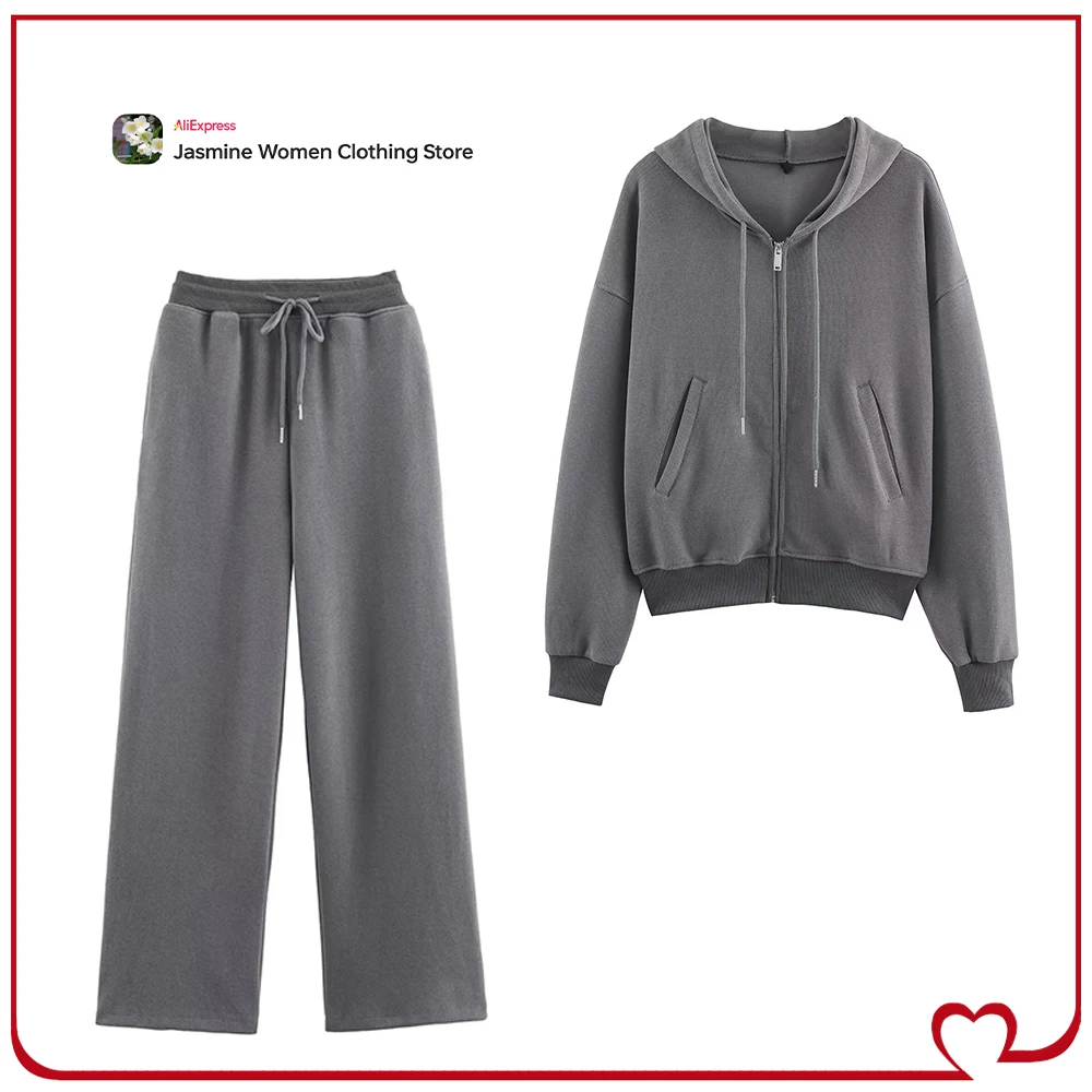

Classic Autumn Gray Tracksuits for Women Cotton Sporty Pant Sets Soft Rib Hoodie Sweatshirt Matching Straight Leg Rib Soft Pants