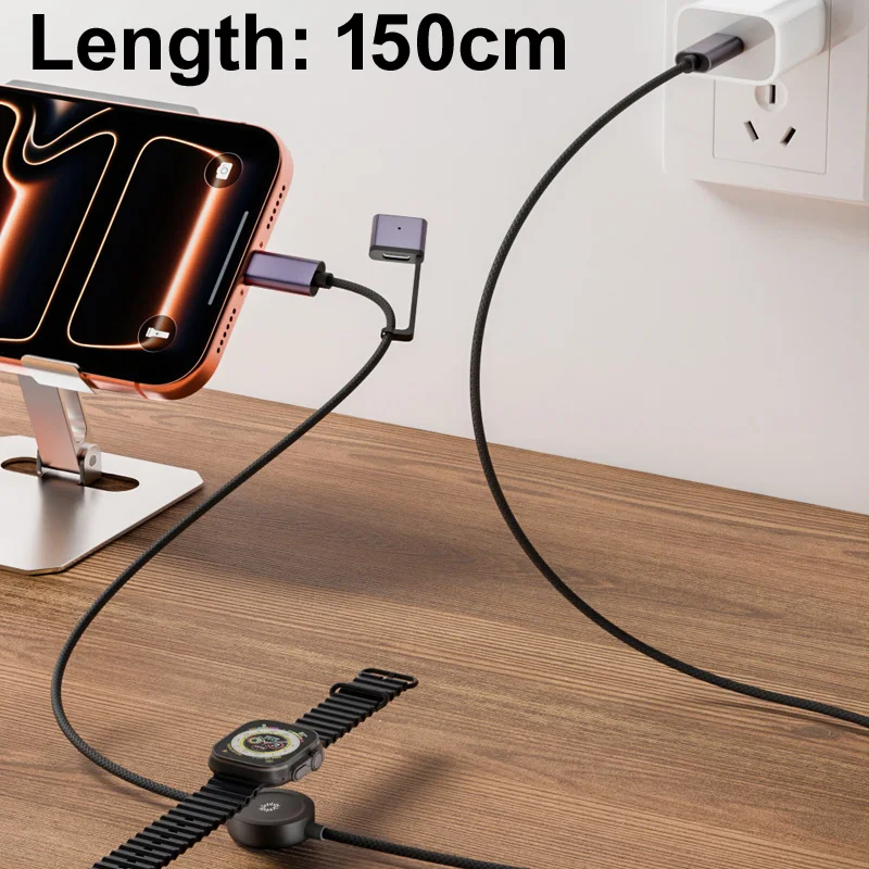 Magnetic 3 in 1 1.5M PD 100W USB Type-C Charging Cable Data Transfer 480Mbps For smartwatch Watch/MacBook/iPhone Magsafe 3 M1/M2