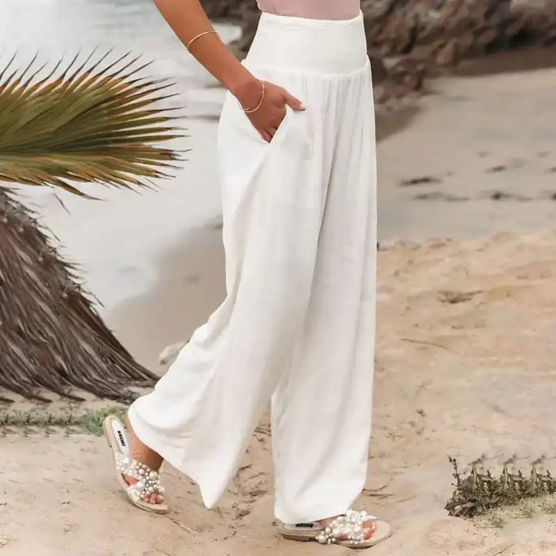 Women Linen Palazzo Pants Summer Boho Wide Leg High Waist Casual Lounge Pocketed Smocked Pants Beach Travel Vacation Outfits