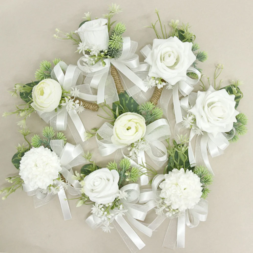 White Silk Rose Boutonniere for Wedding for man Chain Pins Flowers Bracelet Corsage Wrist Artificial acessórios de casamento