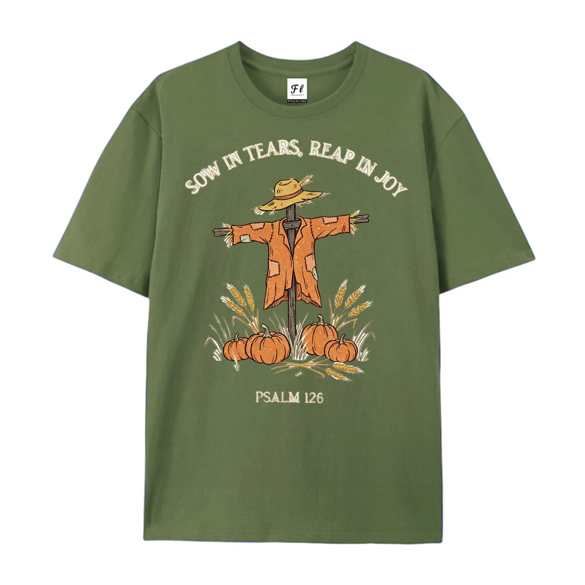 Sow In Tears Reap In Joy Graphic T‑Shirt Psalm 126:5 Scarecrow Pumpkin Wheat Retro Fall Autumn Harvest Christian Faith Daily Tee