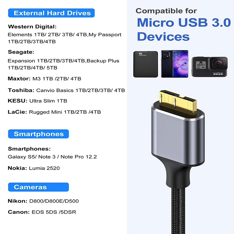 USB C to Micro B Cable Type C to USB 3.0 5Gbps Data Connector Adapter For phone PC Macbook Hard Drive Disk Camera HDD SSD Cord