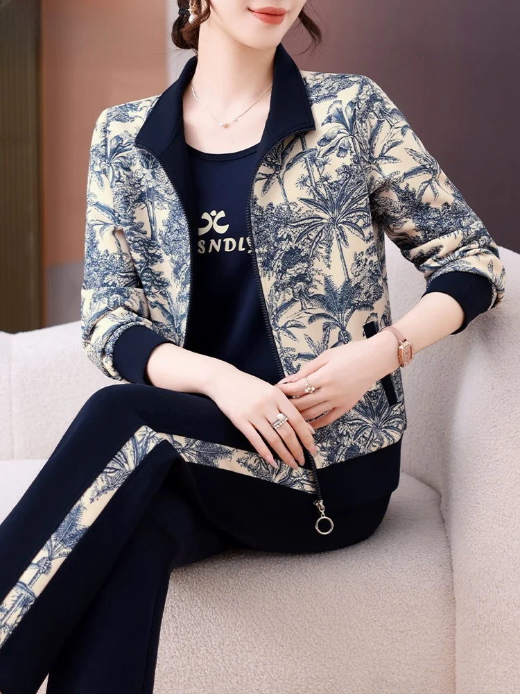 

Осенний повседневный комплект из двух предметов для мам: омолаживающий топ для женщин среднего и старшего возраста, верхняя одежда на весну-осень