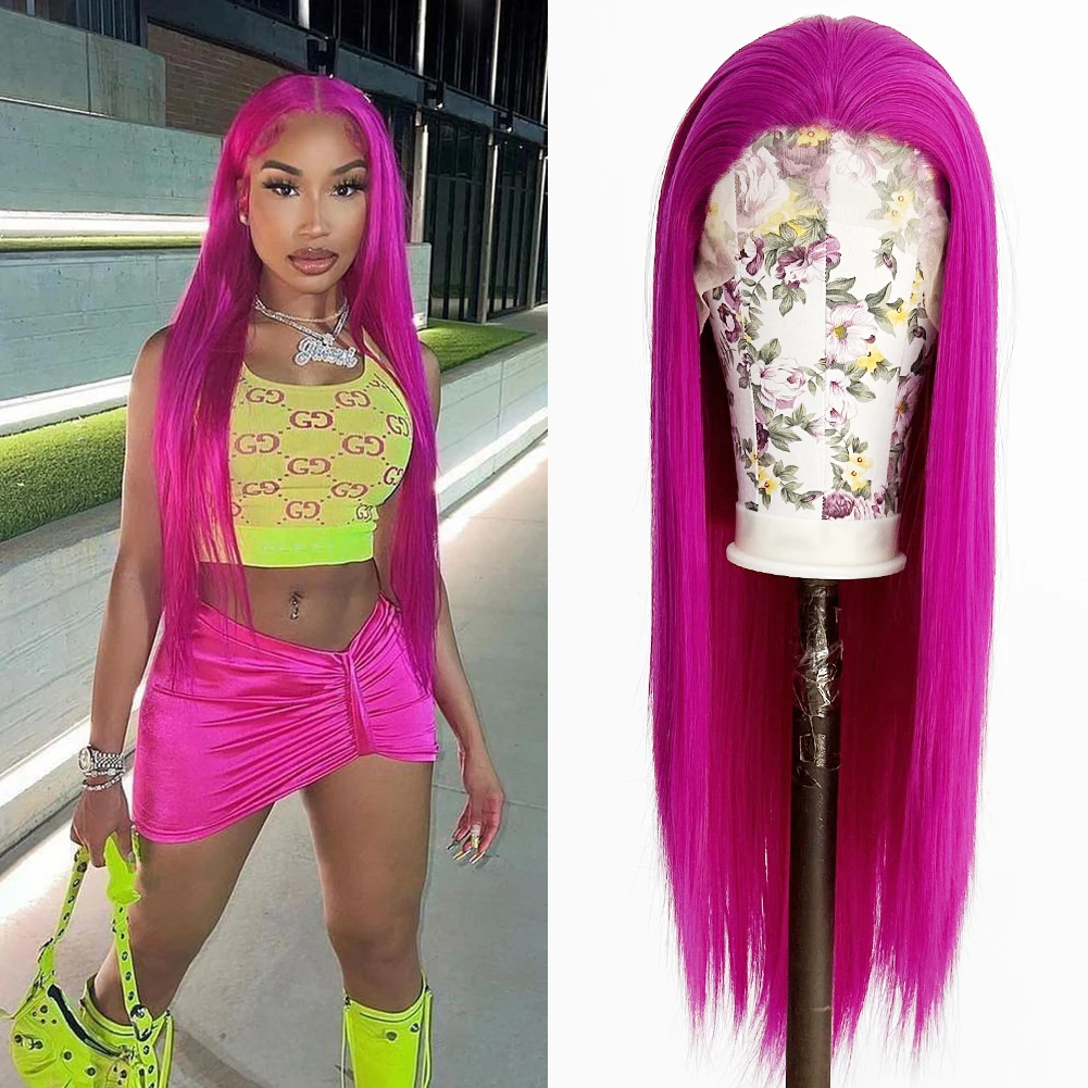 Hot Pink Straight Lace Wig Synthetic Lace Front Wigs for Women Natural Hairline Free Part Glueless Synthetic Wigs Daily Party