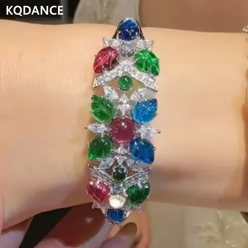 

KQDANCE, размер 16, роскошный красный, зеленый, синий, с гравировкой драгоценного камня, красочный браслет-манжета с фруктами, серебряный браслет 925 пробы для женщин, ювелирные изделия