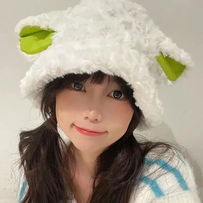 FLuffy Lamb Ear Bucket Hat Cute Sheep Ears Faux Fur Plush Beanies Winter Soft Warm Caps Women Outdoor Warm Panama Fisherman Hats