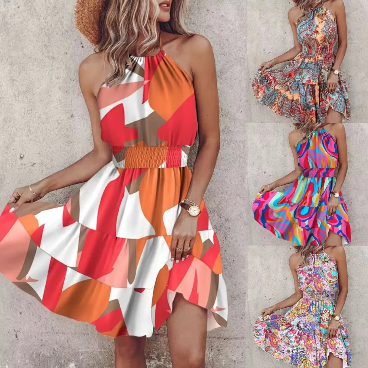 2024 Summer Fashion Sexy Off-Shoulder Halter-Neck Slim Mini Dress Boho Bohemian Vacation Beach Dress Y2k