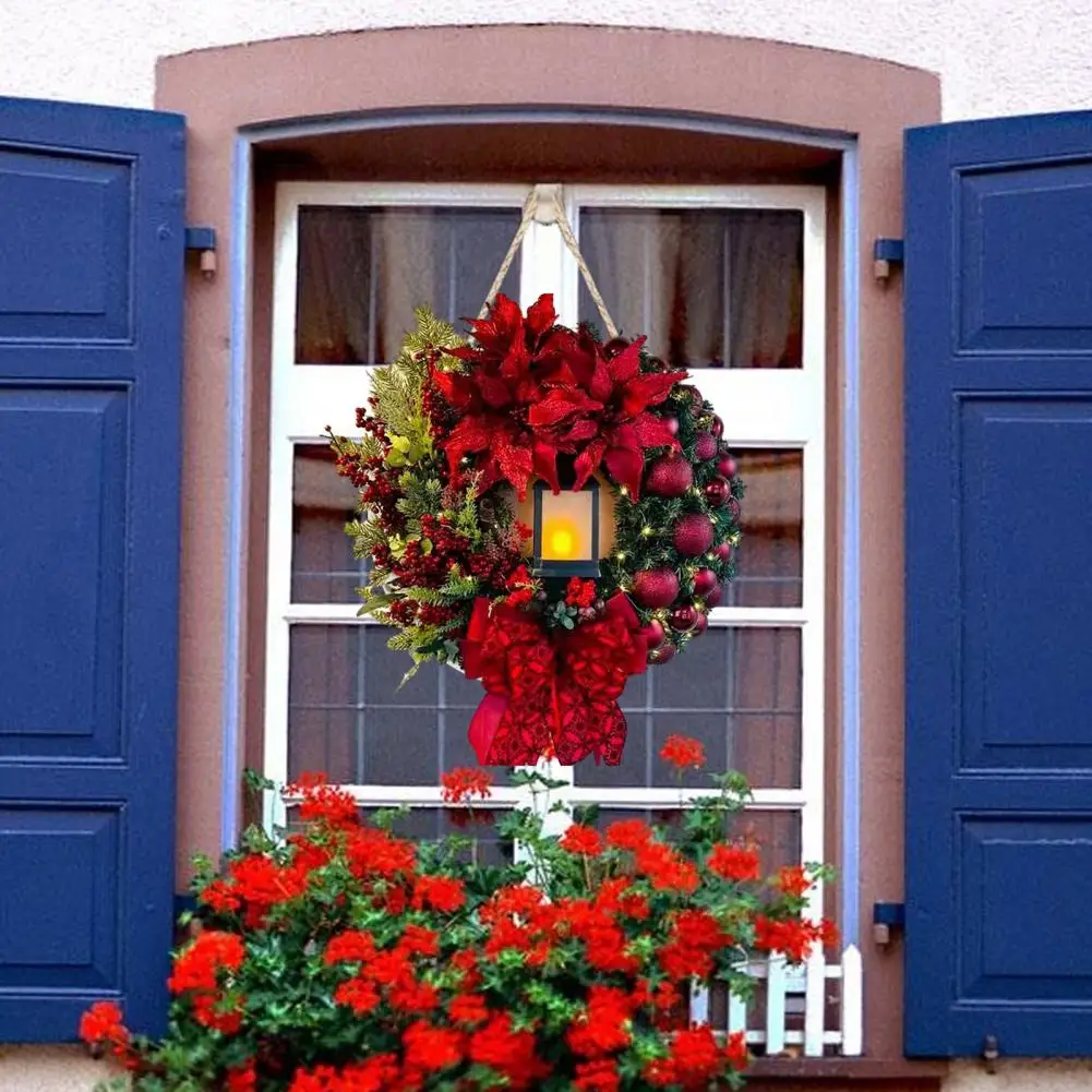 Christmas Wreath Reusable Christmas Wreath Bow Christmas Flower Glowing Wreath Festive Front Door Decoration for Indoor Outdoor