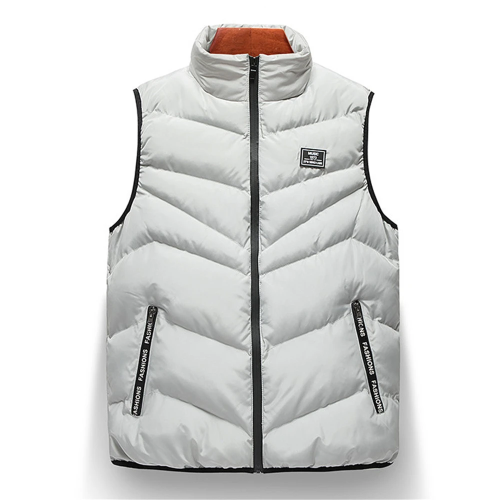 Мужской повседневный жилет, зимний утепленный пуховой жилет из хлопка, модный однотонный жилет для отдыха на молнии, с карманами и воротником-стойкой